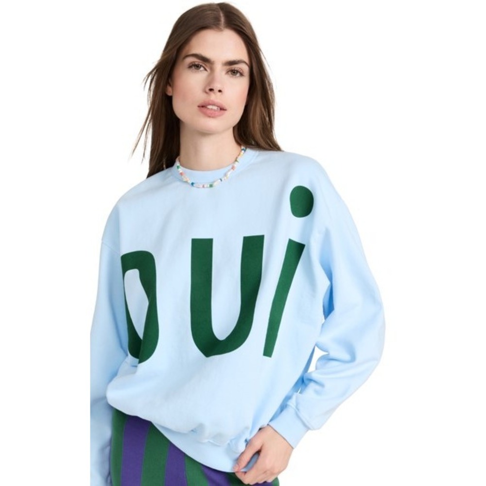 Clare V. Oui Sweatshirt Light Blue Dark Green Graphic Pullover 2XL Plus Size
